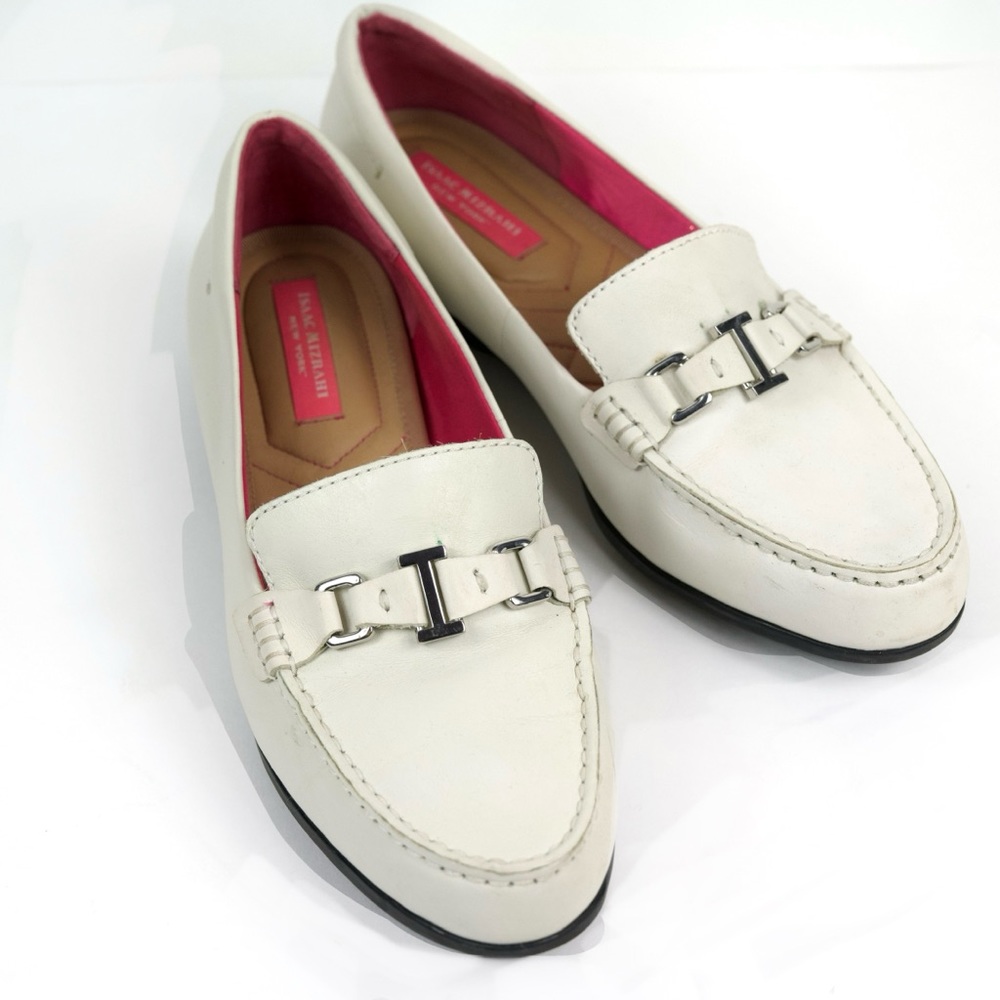Isaac Mizrahi White Buckle Leather Loafers